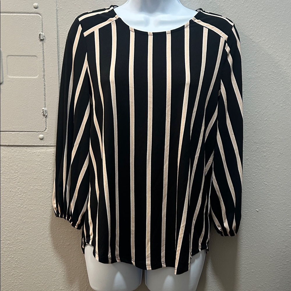 Adrianna Papell Black and Cream Striped Blouse